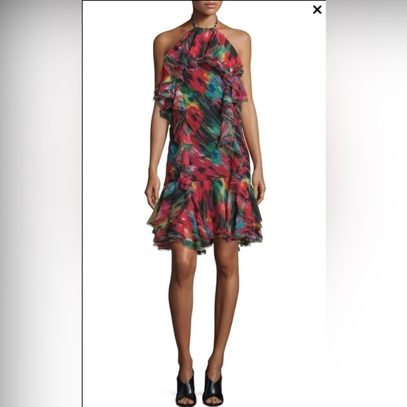 Jason Wu Collective Blurred Floral Retro Artsy Halter Neck Ruffle Mini Dress 2 - Picture 1 of 10